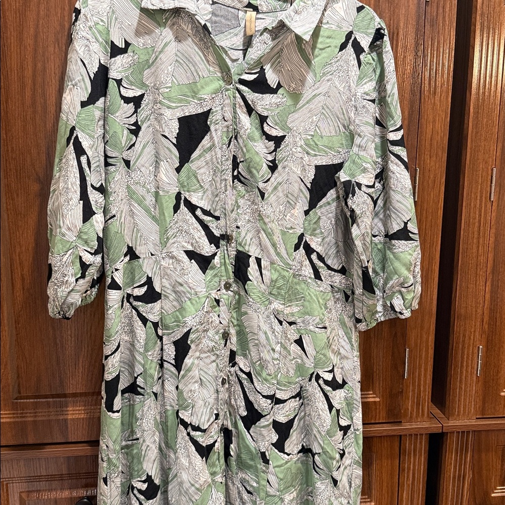 Soyaconcept Chic Black Green Leaf Print Collared Button Down Maxi Dress Size M - Picture 2 of 2